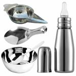 PGD Plain Silver Stainless Steel Baby Feeding Bottle Slim Design with Combo Set of Feeder, Bowl, Idly Spoon, Spoon (0-24 months) - 200 ml
