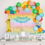 SPECIALYOU.IN 1st Happy Birthday Decoration Items for baby Boy, Girl includes Red, Green, Blue, Orange & Yellow Balloons with Rainbow Fringe Curtains, Confetti Balloons & 1 Foil Balloon Pack of 58 Items