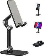 JANROCK Height Adjustable Cell Phone Stand, Desktop Stand, Fordable Mobile Phone Stand Phone Holder for Desk, Bed, Study Table, Video, Online Classes, Phone Stand Compatible with Mobile Phone / Pad / Tablet / Mobile Holder (BLACK)