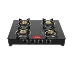 Hindflame 4 Burner Crown Black Toughened Glass LPG Cooktop, Manual Ignition Gas Stove
