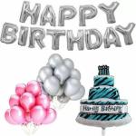Acril Happy Birthday Silver Foil Balloon and 1 Blue Cake Foil balloon + 50Pcs Silver Pink