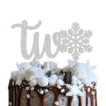 Festiko Shining Silver Snowflakes Two Cake Topper, Frozen Cake Topper 2nd Birthday, Winter Wonderland Snow Cake Decor, Wonderland Princess Happy Birthday Cake Decoration