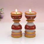 Craftam White Marble Tealight Décor Candle Holder with Candles (Pack of 2)