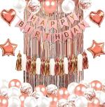AMFIN Happy Birthday Banner Pink / Rose Gold Confetti Balloons, White Balloons, Rose Gold Balloons / Tassels / Rose Gold Foil Fringe Curtains For Girl Birthday Supplies