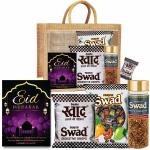 Swad Eid Mubarak Gift Hamper Set (Mixed Toffee & Rosted Saunf & Regular 25 Candies Packet Pachak Mukhwas Mouthfreshener, 25 Candy & 2 bottle) with Greeting Card & Jute Bag,Gift Item