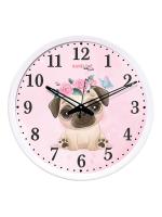 Random 12- inch Cute Baby Pug Round Shaped Wall Clock With Glass (Quartz Movement, White Frame)