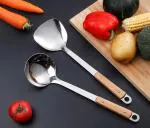 Leeonz Spatula & Ladle Wok Tool Set, Metal Soup Ladle Stainless Steel, Wok Spoon Spatula Set with Wooden Handle,14 Inch