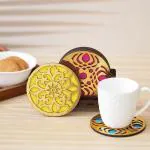 Webelkart Premium Coaster Natural Printed Handmade Round Wooden Tea Coasters with Stand Tea/Coffee Coasters Wooden Tea Coasters (Designs-1)