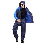 Prince Men Navy Blue Micro Polyester Raincoat Rehbar High Neck Jacket With Hood Waterproof Pant And Carrying Pouch (L)