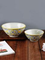 VarEesha's Manohar Yellow White Ceramic Serving Bowls Combo Set of Two Serveware Serving Bowls Serving Dishes