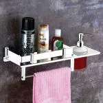 Plantex SS 3in1 Multipurpose Bathroom Shelf with soap dispenser and towel holder (15x6 Inches)
