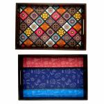 ANGIRA HANDICRAFTS Handmade Wooden Tray with Handprinted Designs Serving Trays Set of 2 Tray