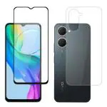 Vatsin EDGE to EDGE [Black] [9H] Tempered Glass & Back Screen Guard [Transparent] (Not Tempered Glass) combo For ViVO Y18e 5G