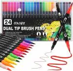 Wynhard 24 Colors Dual Tip Brush Pens Colour Art Markers Coloring Brush Fineliner Color Water Based Alcohol Marker Pens Set for Calligraphy Drawing Sketching Coloring Book Bullet Journal Kids Artists