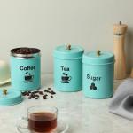 Dudki Quoted Stainless Steel Round Canister/Kitchen Storage for Tea Coffee Sugar pack of 3 (TCS-AQUA)
