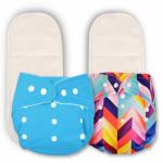 Deedry Oeko-Tex Certified Unisex Baby Cloth Diapers Washable & Reusable Diapers with Adjustable Snap Buttons 3 Months- 3 Years 1 Blue Solid & 1 Print Diaper+ 2 Inserts/Pads