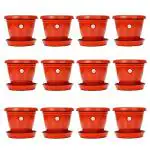 Kraft Seeds 12Pcs Plastic Gamla/Planter/Pot With Bottom Plate/Tray 8 Inch |Garden Planters |Plant Container Set |Indoor Outdoor Balcony Flower Pot |Drip Trays Planter | Plastic Pots With Saucers, Red