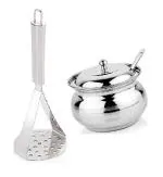 First Front Stainless Steel Big Potato Masher With Stainless Steel Ghee Pot| Jar With Spoon and Multicolour, Pack of 2 l Kitchen Tools l Essential Kitchen Tools l Tools l Kitchen l Utensils l Stainless Steel Tools l Steel Kitchen Tools l Metal Tools