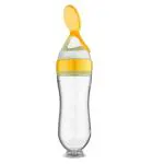 claoberry Premium Food Grade Silicone Baby Food Feeder Squeeze Bottle for Semi-Solid Food with Dispensing Spoon for Baby, Kids (Yellow,90 ml)