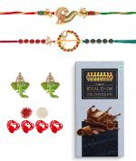 Feastive Celebrations Raas Nritya Rakhis, A Pair Of Soan, Kesar, Chawal With Bikanervala Ideal Dark Chocolate, 100 Gram (Set Of 2)