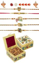 Feastive Celebrations 5 Krishna Raas Rakhis With Meenakari Floral Splendour Almonds Box, Pair Of Ganesha Soan, Pooja Rakhi, Kesar And Chawal (Set Of 4)