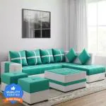 LAXMI NATURE WOOD Furniture 8 Seater Sofa Set, 2 Ottoman, 6 pillow With Coffee Table Fabric 3 + 2 + 2 + 1 Sofa Set (Aqua Blue & White, Pre-assembled)