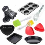 Xacton Heart, Square Alloy Steel, Silicone, Plastic Cake Sculpting Tools - Cake Mold, 6 Slot Muffin Tray with Brush and Spatula Set, Pizza Pan, Mitton Gloves, 8 Piece Measuring Cups and Spoons