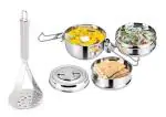 BLUE WONDER Stainless Steel Big Potato Masher with 3 Pcs Steel Lunch Box and Multicolour, Pack of 2