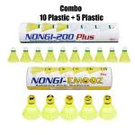 Nongi Badminton shuttle (200Plus & Emoz) combo pack of 15 shuttle for badminton sports Plastic Shuttle - Yellow (Medium, 77, Pack of 15)