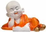 PINK SKY Handcrafted Religious Idols of laughing Baby Monk Buddha Reading Book Statue For Home Décor Decorative Showpiece - 13 cm (Polyresin, Orange, White)