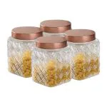 Nestasia Textured Glass Jars for Kitchen | Square Shaped & Basket Weave Design Transparent Jars with Airtight Rose Gold Lids | Perfect for Snacks, Masala, Pickles, Pulses (Set of 4, 1600ml Each)