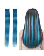 LYTIX Neon Blue Synthetic Straight Single Clip Hair Streak Color Hair Extension 18 inch (Pack of 2)
