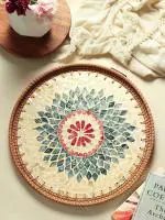 Habere India-All the Cultures Fabricating India Multicolor Round Cane Serving Tray, Medium (35 x 35 x 4 cm)