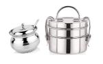 BLUE WONDER Stainless Steel Multipurpose Ghee Pot/Pickle Container with Spoon With 2 Pcs Steel Lunch Box and (Multicolour, Pack of 2)