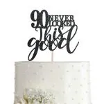 Festiko 90 Black Glitter Happy 90th Birthday Cake Topper, Cheers To 90 Years Party Cake Topper Decorations, Supplies