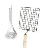 BLUE WONDER Stainless Steel Big Potato Masher With Wooden Roasted Jali Round and Multicolour, Pack of 2