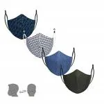 CENWELL 100 % Cotton Face Mask with Nose Clip, Reusable, Washable Printed Mask with Melt Blown Layer, Adjustable Ear Loop and Ear Saver Strap (Multicolour, Without Valve, Pack of 4)