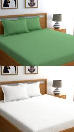 VORDVIGO Combo Bedsheets for Double Bed Cotton 300 TC Premium Satin Stripes Soft 2 Double Bedsheets with 4 Pillow Covers, 90 x 90 Inches, Color- Green & White