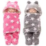 BRANDONN Pink/Grey New born Hooded Wearable Baby Blanket Cum Baby Wrapper (Pack of 2)