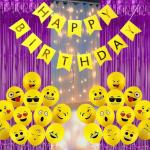 Happy Birthday Decoration Kit Combo Set Emoji Smiley Balloons Fairy LED Light Foil Curtains Banner Girls Boys Kids Home Party Items First 1 18 21 16 24 25 (Yellow Purple, Pack Of 54)