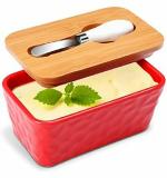 HomeJoy Embossment Ceramic Butter Box with Wooden Lid & Knife - Red