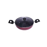 DAIFORT Aluminium Non-Stick Kadai Pan with Tempered Glass Lid Containing Steam Vent 28 Cm, Non Induction Base Kadai with Bakelite Lid Holder, 3 Layer Non-Stick Coating, Double Side Handles, Superior Heat Distribution