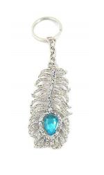 AJS Premium Quality Blue Metal Oh My God Movie Feather Keychain Beautiful Metallic Peacock Feather Keychain with Blue Stone Keychain with Ring to Hold your Car, Bike, Home & Office Keys (Pack Of 1)