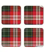 Whats Your Kick Red Green White Fabric Check Pattern Design Printed Set of 4 Coaster With Metal Stand