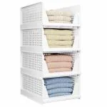 COZIECLOS Clothes Organizer For Wardrobe Stack it Up | Large Cloth Stacker | Foldable Shirt Storage Stacker for Wardrobe | Plastic Stackable Closet Organizer | White (Set of 4)