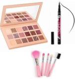 KA CAYLA Brushes makeup set of 5, 15 colors eyeshadow palette and 36H gel eyeliner (3 Items in the set)