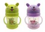 Te Quiti Green & Purple Plastic Leakproof Durable BPA Free Non Toxic Bunny Teddy Bear Design Water Bottles With Sipper For Kids Girls and Boys 300ml