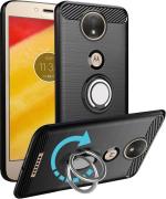 Unistuff Back Case Cover for Motorola Moto C Plus with Magnetic Kickstand | Premium Matte Finish | Camera Bump Protection | Rubberized Ring Cover - Night Black, 76520