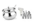 BLUE WONDER Stainless Steel Multipurpose Ghee Pot/Pickle Container with Spoon With Cake Decorating 13 Pcs Nozzle and (Multicolour, Pack of 2)