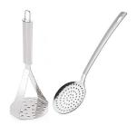 BLUE WONDER Stainless Steel Big Potato Masher With Stainless Steel Pure Poni Spoons and Multicolour, Pack of 2